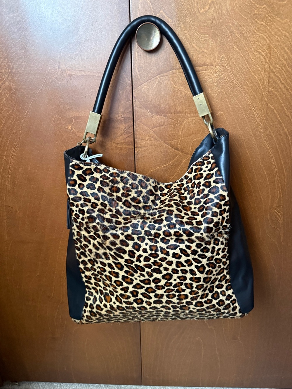 Viola Castellani Black Leather & Leopard Print Dyed Calf Hair Hobo Bag NWOT